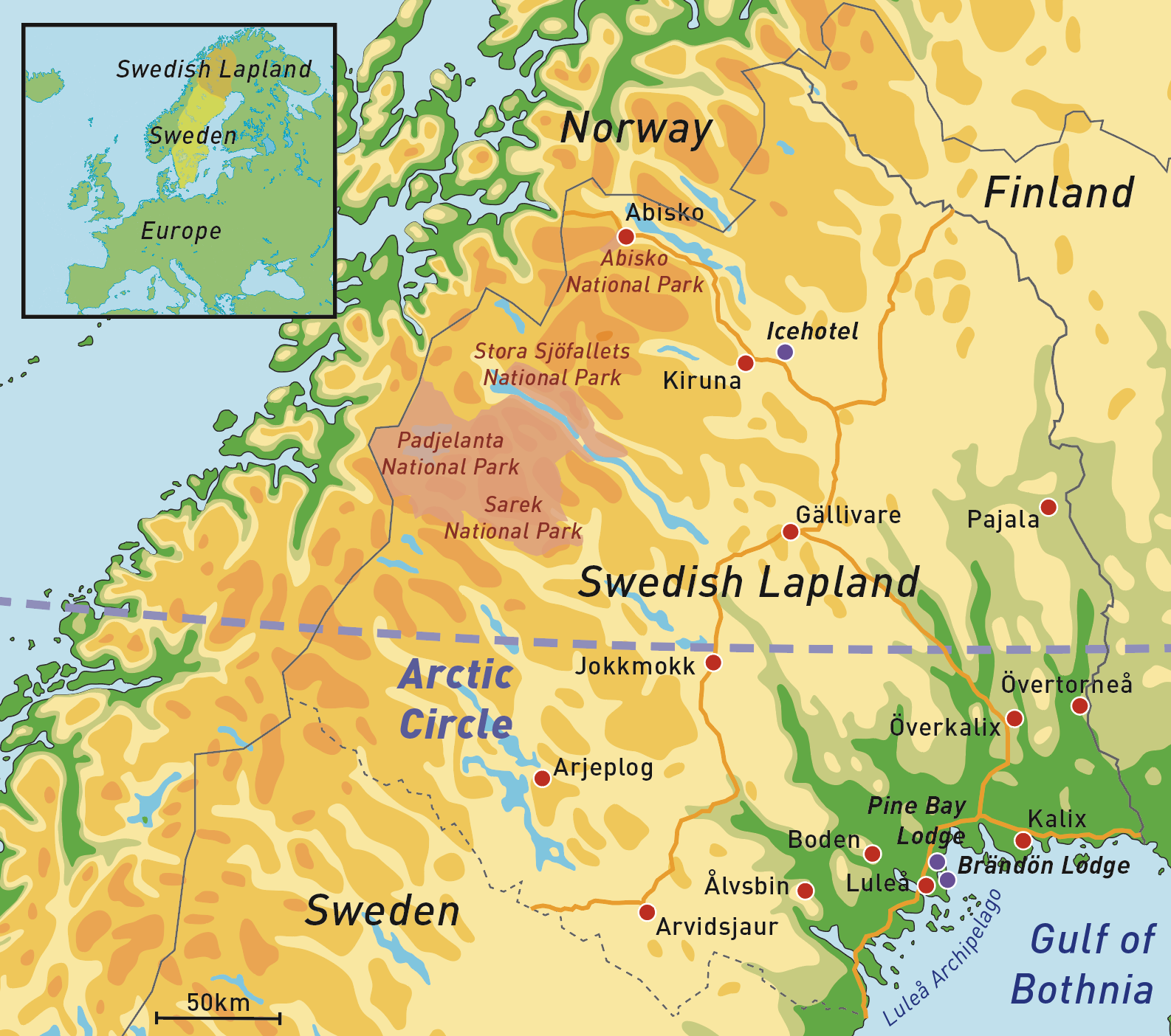 > Swedish Lapland, the Arctic north of Sweden: Luleå, Pine Bay Lodge and Brändön Lodge are shown in the south east; Kiruna and the nearby Icehotel are in the north.