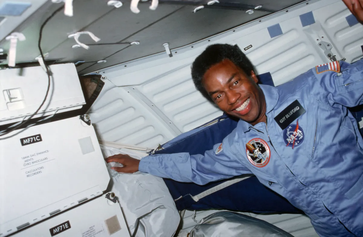 Guion Bluford became the first African American to fly in space when he launched aboard Challenger's STS-8 mission, 30 August 1983. Credit: NASA