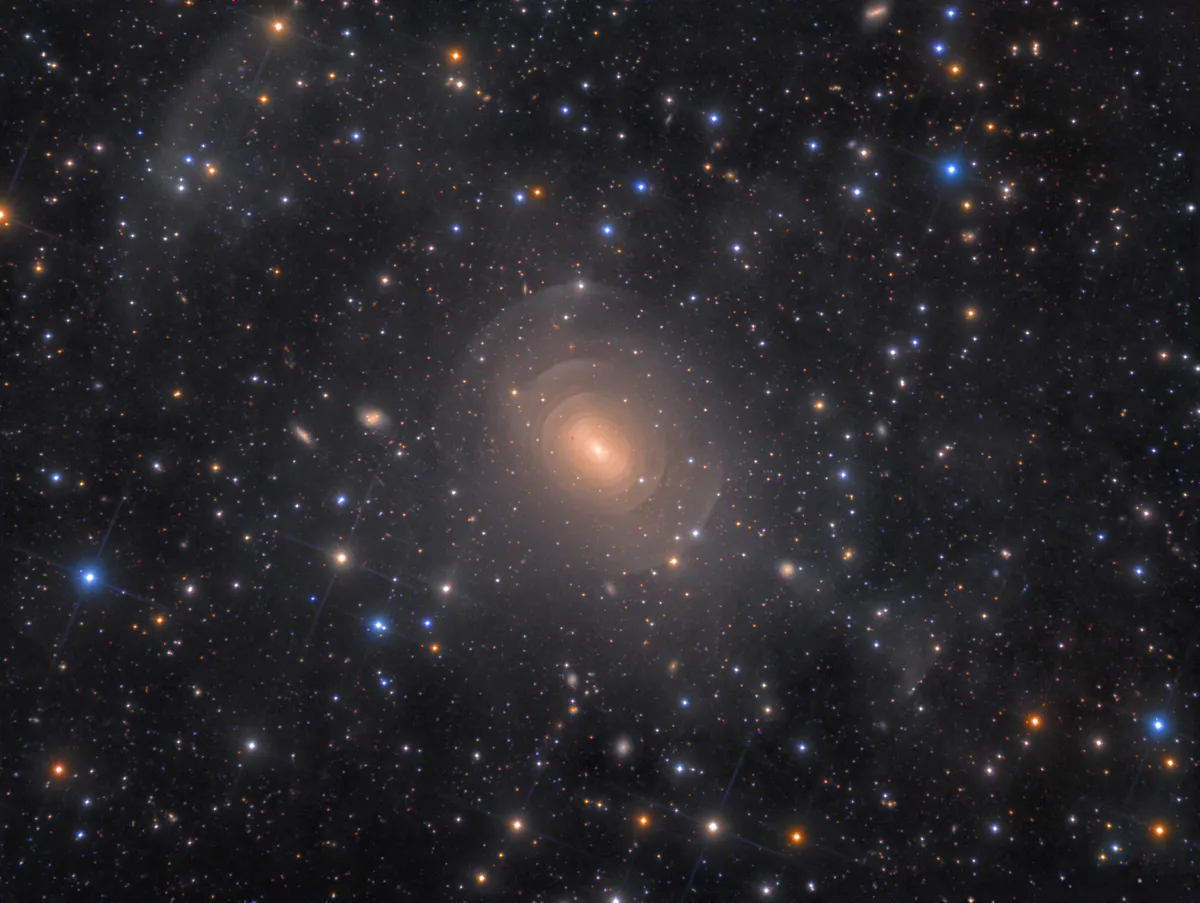 Shells of Elliptical Galaxy NGC 3923 in Hydra Rolf Wahl Olsen, Auckland, New Zealand, 21 May 2017–25 March 2018. Category: Galaxies. Equipment: QSI 683wsg-8 camera, 12.5-inch truss Newtonian telescope, Losmandy G-11 mount.