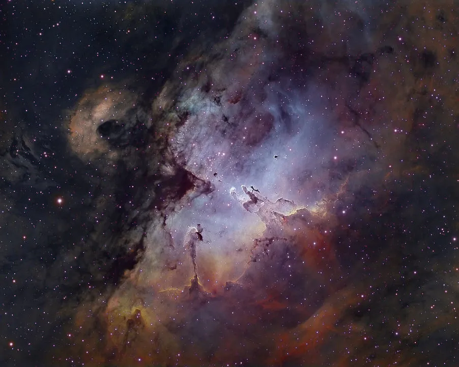 The Eagle Nebula David Wills, Oria, Spain, 23-30 June 2019. Equipment: Xpress Trius SX-694 mono CCD camera, TEC 140 f/7 apo refractor, iOptron CEM60 mount.
