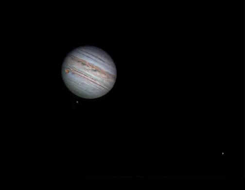 Jupiter and moons Roger Hutchinson, London, 14 July 2019. Equipment: ZWO ASI174MM camera, Celestron Edge HD11 Schmidt-Cassegrain