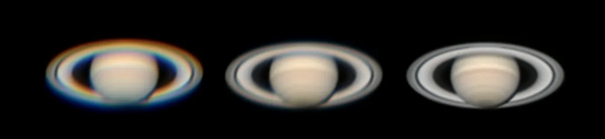 Three images of Saturn captured at an altitude of 16°, 2 August 2019. Left: no ADC and colour channels not aligned. Centre: no ADC and RGB channels aligned in Autostakkert! Right: with ADC and colour channels aligned. Credit: Martin Lewis.