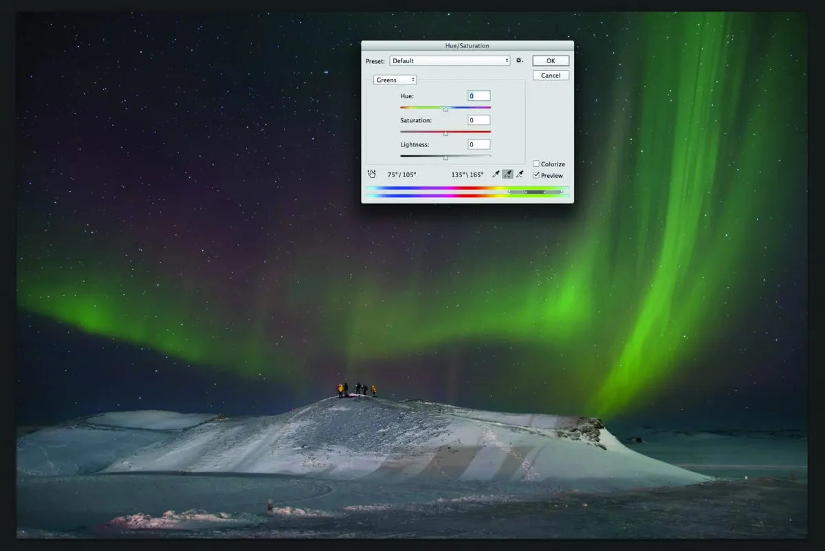 Use the Hue/Saturation sliders to give your aurora a realistic colour. Credit: James Woodend
