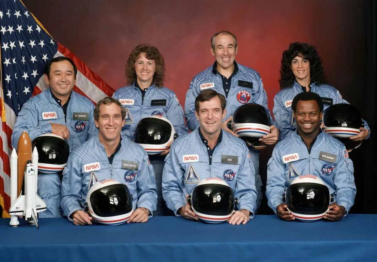 The crew of the ill-fated Challenger mission. Left to right are in the back row: Ellison S. Onizuka, Sharon Christa McAuliffe, Greg Jarvis, Judy Resnik. Left to right in the front row: Mike Smith, Dick Scobee, Ron McNair. Credit: NASA