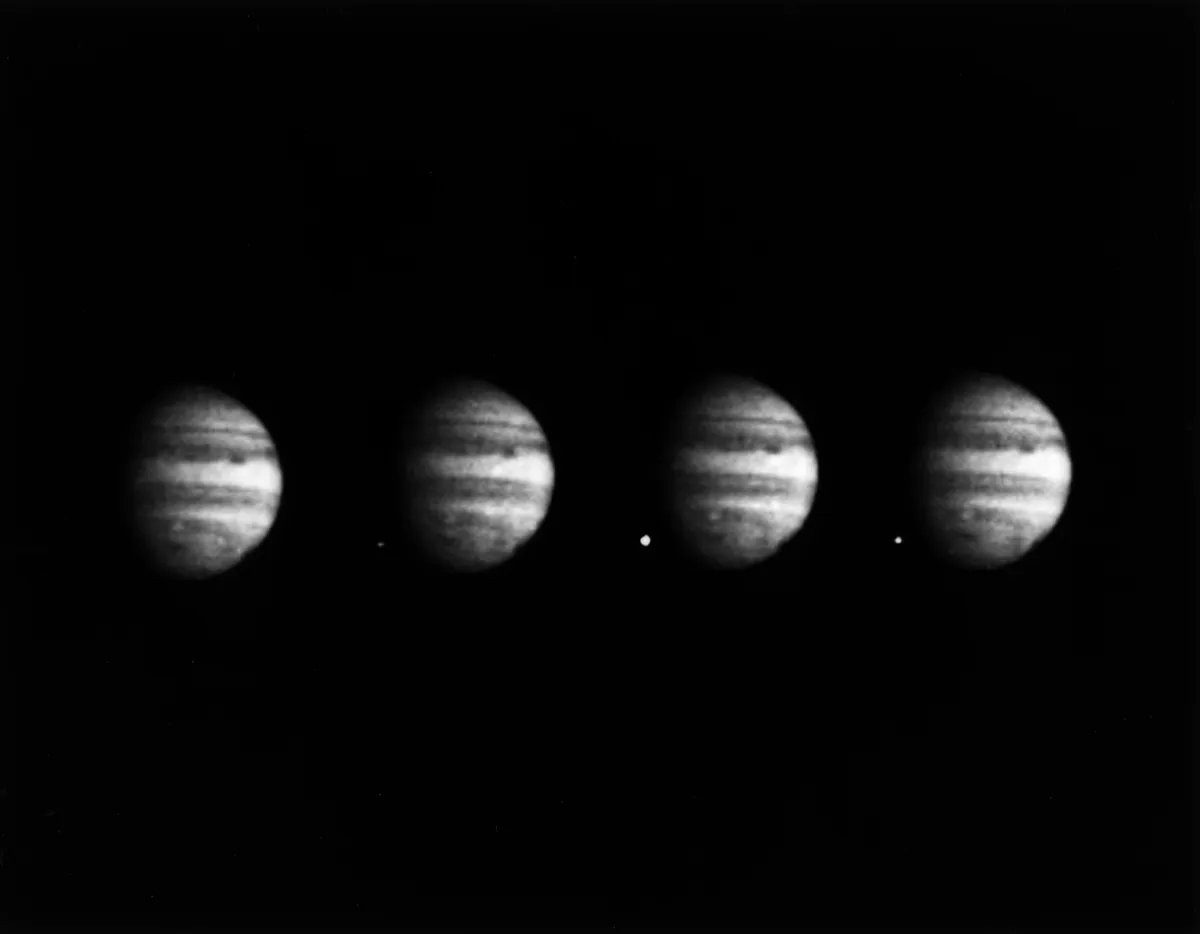 Four images of Jupiter show the impact of fragment W of Comet Shoemaker-Levy 9, captured by the Galileo spacecraft on 22 July 1994. Credit: NASA/JPL-Caltech/Galileo Imaging Team