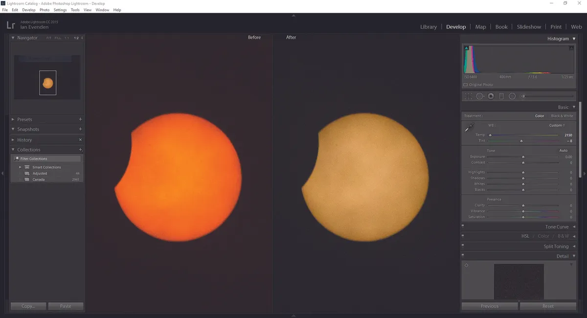 White balance isn’t only important to night sky photography; a solar filter can also throw it off. One way to correct it is to sample the dark sky around the Sun with the dropper tool. Credit: Ian Evenden