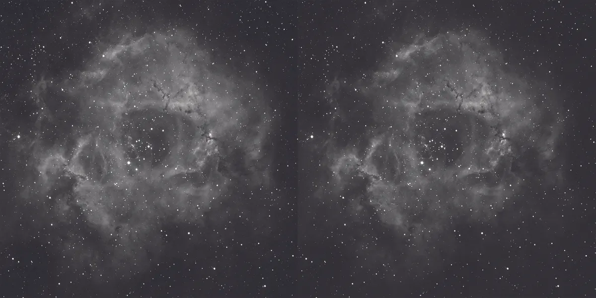 The Rosette Nebula in hydrogen-alpha, before dark frame calibration (left) and with reduced thermal noise after it has been applied (right). Credit: Steve Richards