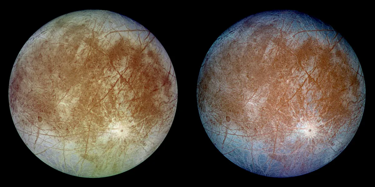 Two views of Jupiter's icy moon Europa. Dark brown areas represent rocky material while bright plains are a mixture of coarse and fine ice. Credit: NASA/JPL/DLR