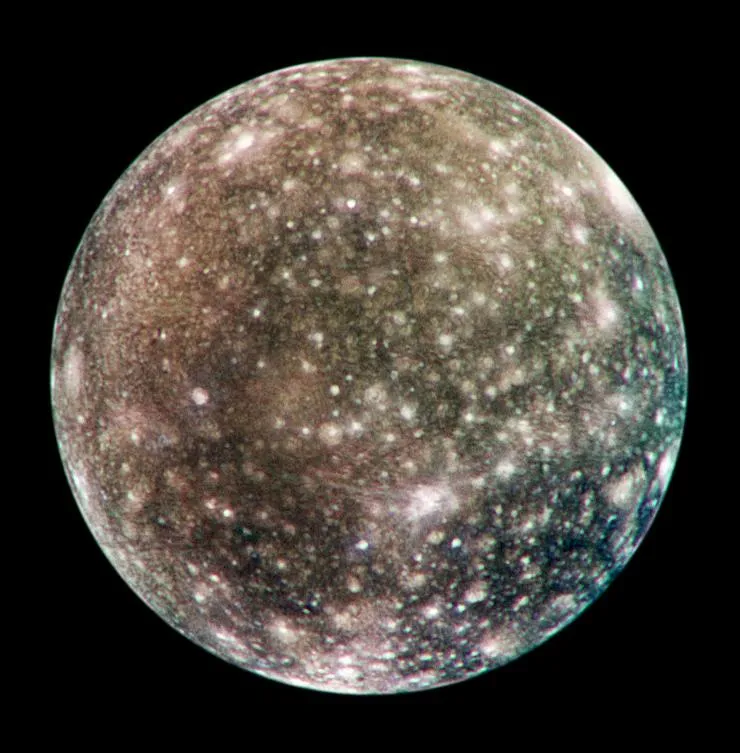 An image of Jupiter's moon Callisto: the only complete global colour image of the moon obtained by the Galileo spacecraft. It was captured in May 2001. Credit: NASA/JPL/DLR