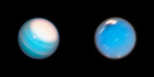 Images of Uranus (left) and Neptune (right) captured by the Hubble Space Telescope. Credit: NASA, ESA, A. Simon (NASA Goddard Space Flight Center), and M.H. Wong and A. Hsu (University of California, Berkeley)