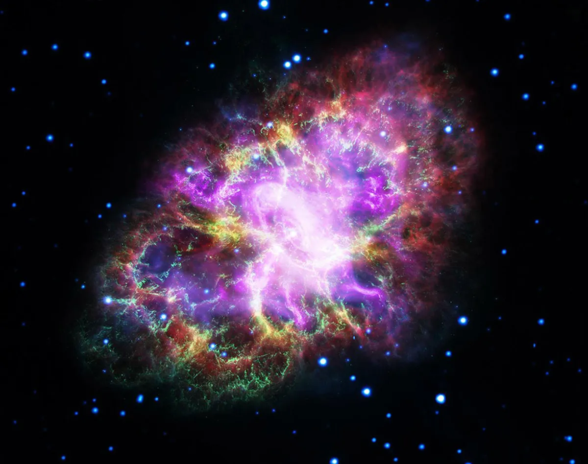 A view of the Crab Nebula captured by the VLA (radio) in red; Spitzer Space Telescope (infrared) in yellow; Hubble Space Telescope (visible) in green; XMM-Newton (ultraviolet) in blue; and Chandra X-ray Observatory (X-ray) in purple.
