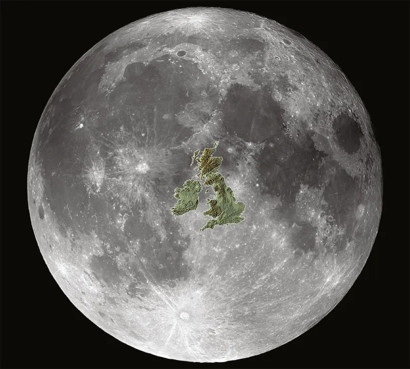 Illustration showing how the UK and Ireland compare in size to the Moon