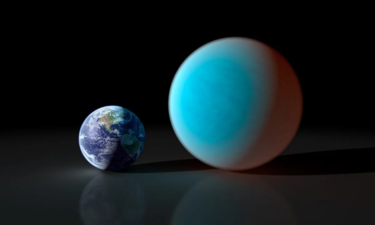 An artist's concept showing how exoplanet 55 Cancri e compares with Earth. 55 Cancri e has a mass 7.8 times and a radius just over twice that of our own planet, making it a 'super Earth'. Credit: NASA/JPL-Caltech/R. Hurt (SSC)