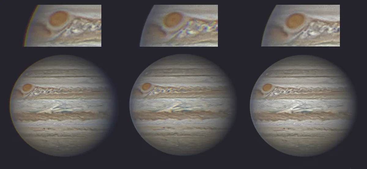 Left: the R, G and B images are aligned on the surface detail leading to colour fringing at the edges; Middle: the three are aligned similarly but registered to the edges leading to colour separation in the details; Right: both edges and detail are aligned via the Derotate RGB Frames function. Credit: Martin Lewis