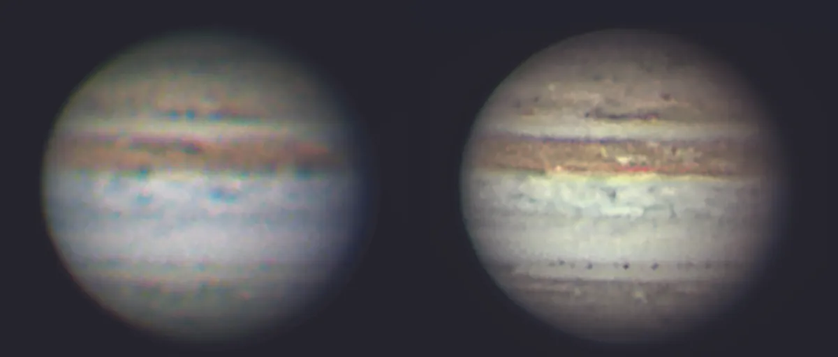 The steadiness of the atmosphere can mean the difference between a blurred picture (left) and a clear one (right). Credit: Pete Lawrence