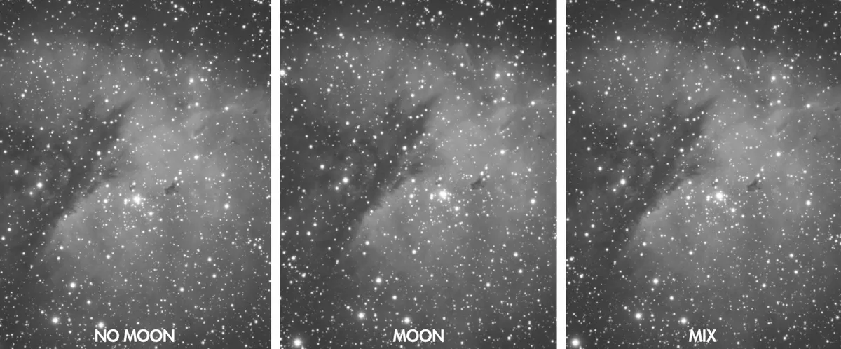 Three glimpses of the Pacman Nebula: the moonless data is clearly better than the Moon-affected set, but the quality of the mixed data is a surprise. Credit: Sara Wager