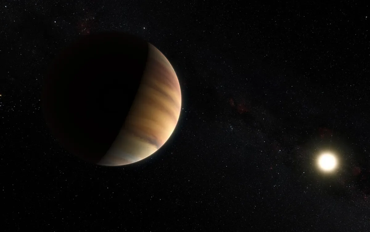 An artist's impression of exoplanet 51 Pegasi b orbiting its host star in the constellation of Pegasus. This was the first exoplanet around a normal star to be found in 1995. Credit: ESO/M. Kornmesser/Nick Risinger (skysurvey.org)