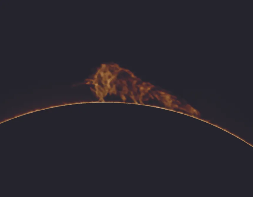 The starting image, a large prominence captured with a DSLR and a Corondo PST. Credit: Mary McIntyre