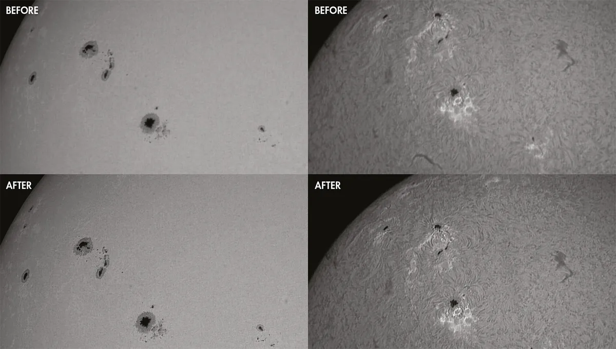The effect of using Focus Magic on a group of active regions (AR12109, AR12110, AR12108 and AR12107, imaged in July 2014) in white light and hydrogen-alpha. In both cases you can see an improvement in the crispness of the images and an enhancement of the fine detail. Credit: Mary McIntyre