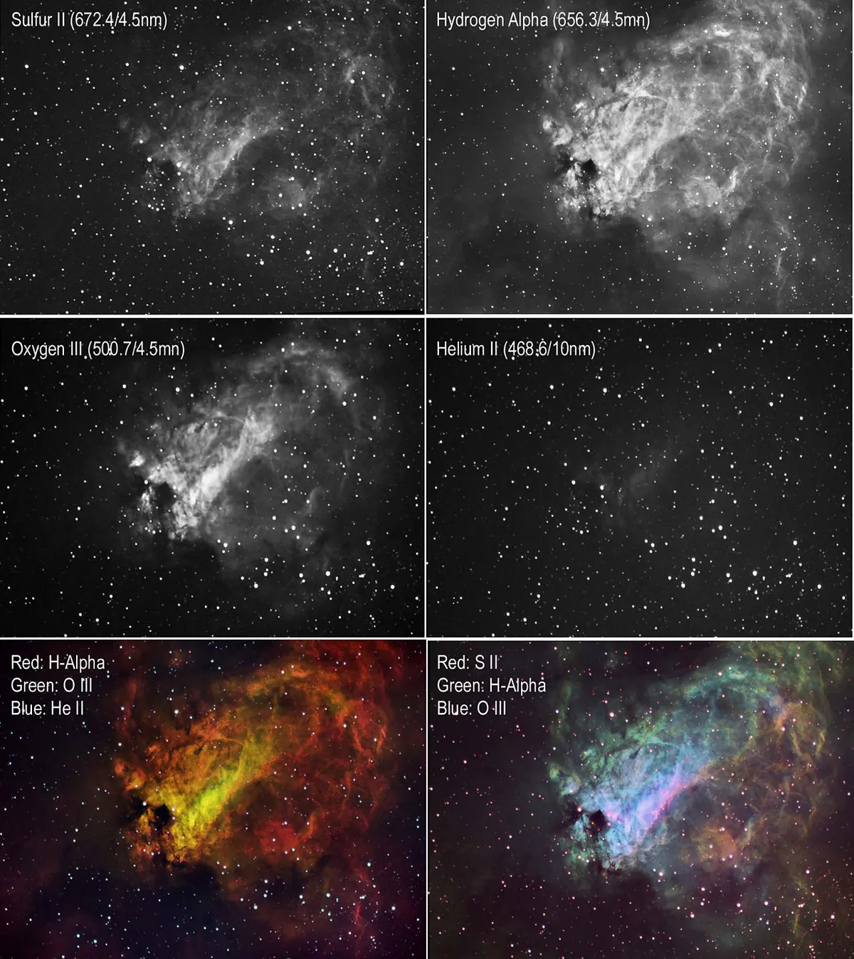  An image of the Swan nebula taken by the Hubble Space Telescope. The top four images are taken through specific filters, which are then combined to create the bottom photographs. Using different filters creates a very different view of the nebula.