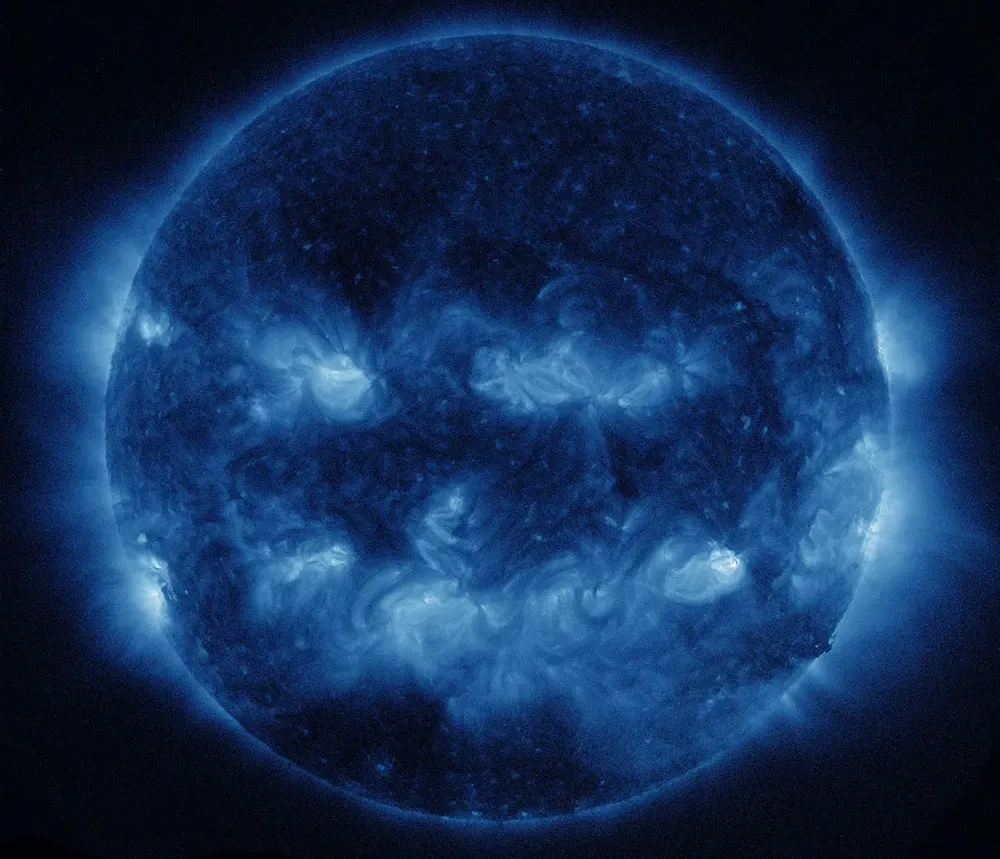 The NASA Halloween Sun image in 335 angstrom extreme ultraviolet light, making the solar pumpkin appear blue Credit: NASA/SDO