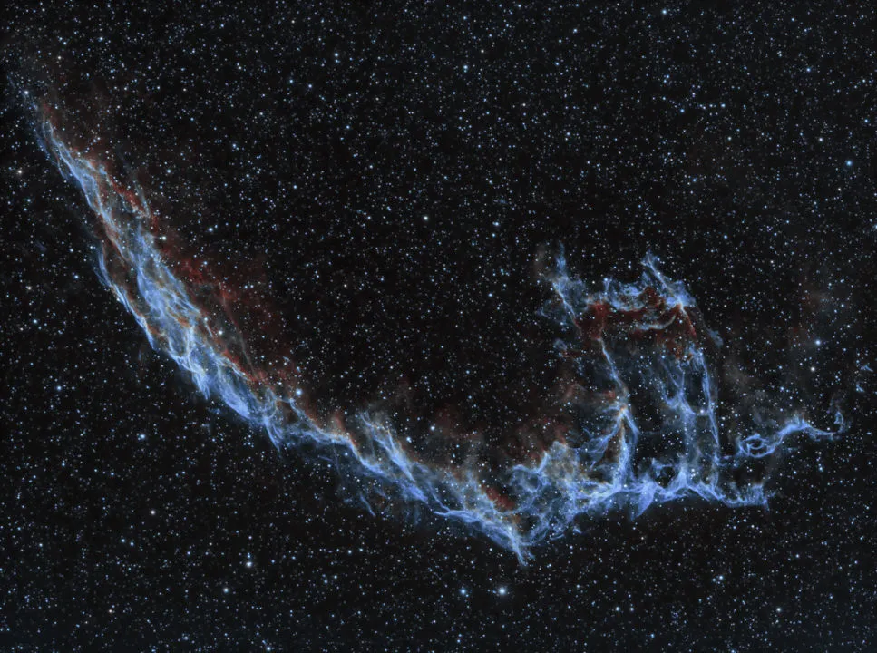 Eastern Veil Nebula, Alec Alden, Colchester, July and August 2019 Equipment: ZWO ASI 1600MM mono camera, Sky-Watcher Equinox 120ED refractor, Sky-Watcher EQ6 mount