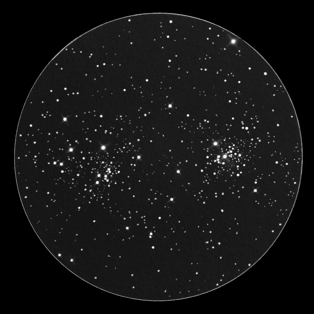  View of the Perseus double cluster through a 10-inch telescope, 77x magnification. Credit: Michael Vlasov