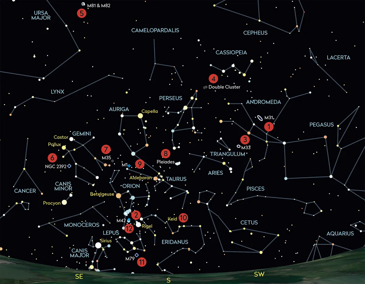Use this chart to locate our 12 astronomy targets over the Christmas period. Click on the image to zoom in. Credit: BBC Sky at Night Magazine