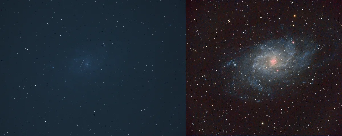 Left: a single frame of the Triangulum Galaxy, M33, before any editing; right: the same galaxy after a number of frames have been stacked. Credit: Dave Eagle