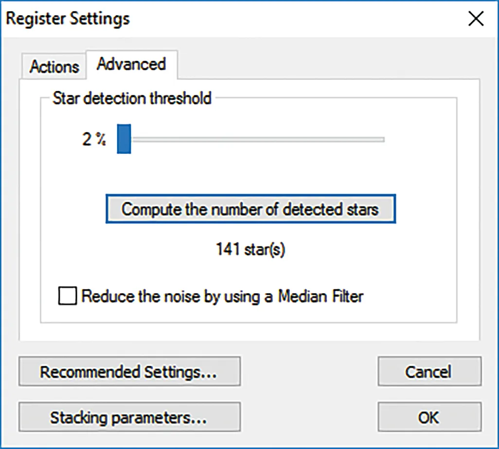 The advanced tab, where you can alter the star detection threshold. Credit: Dave Eagle