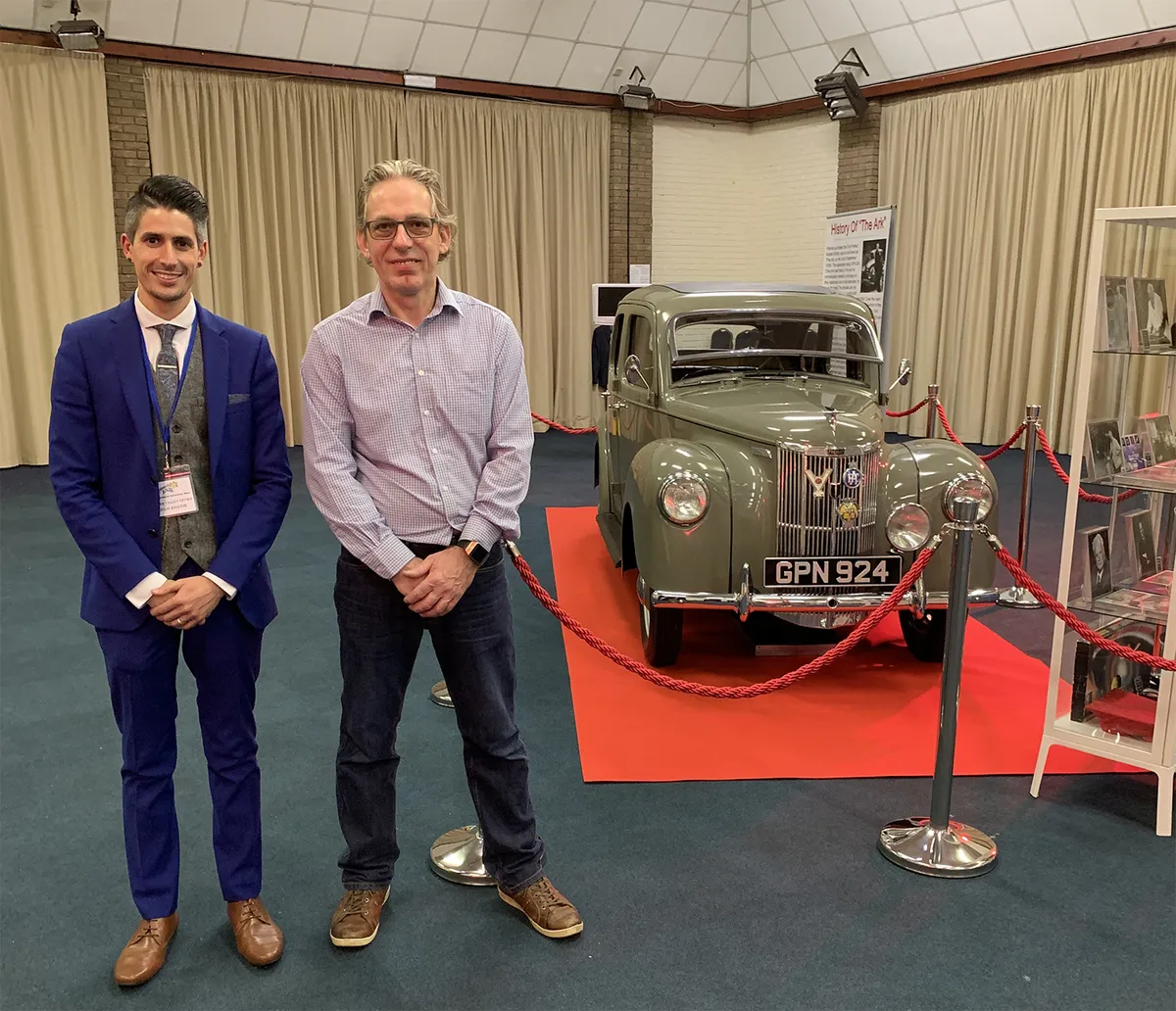 The folks from Rother Valley Optics pictured with Patrick Moore's restored car.
