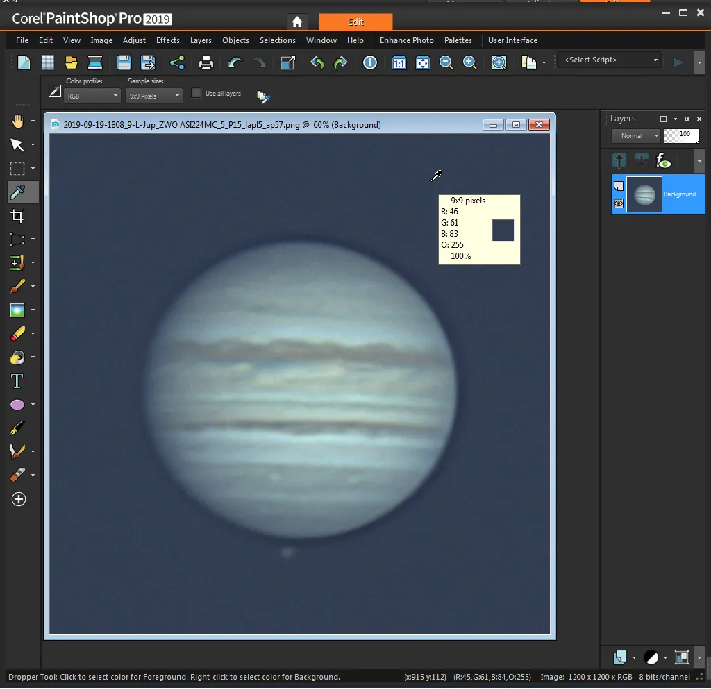 Stage 1: use the Eyedropper tool to set the default program colour to the colour and brightness of the bluish twilight sky. Credit: Martin Lewis