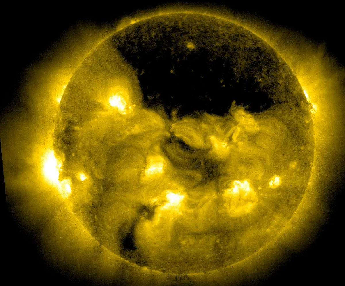 A huge coronal hole seen on the surface of the Sun by the Solar and Heliospheric Observatory. Credit: ESA and NASA/SOHO