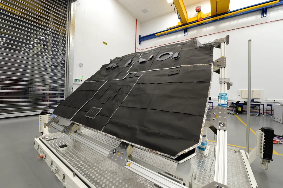 Solar Orbiter's heat shield pictured in March 2015 at Airbus Defense and Space, Stevenage. Copyright: Airbus Defence and Space 2015
