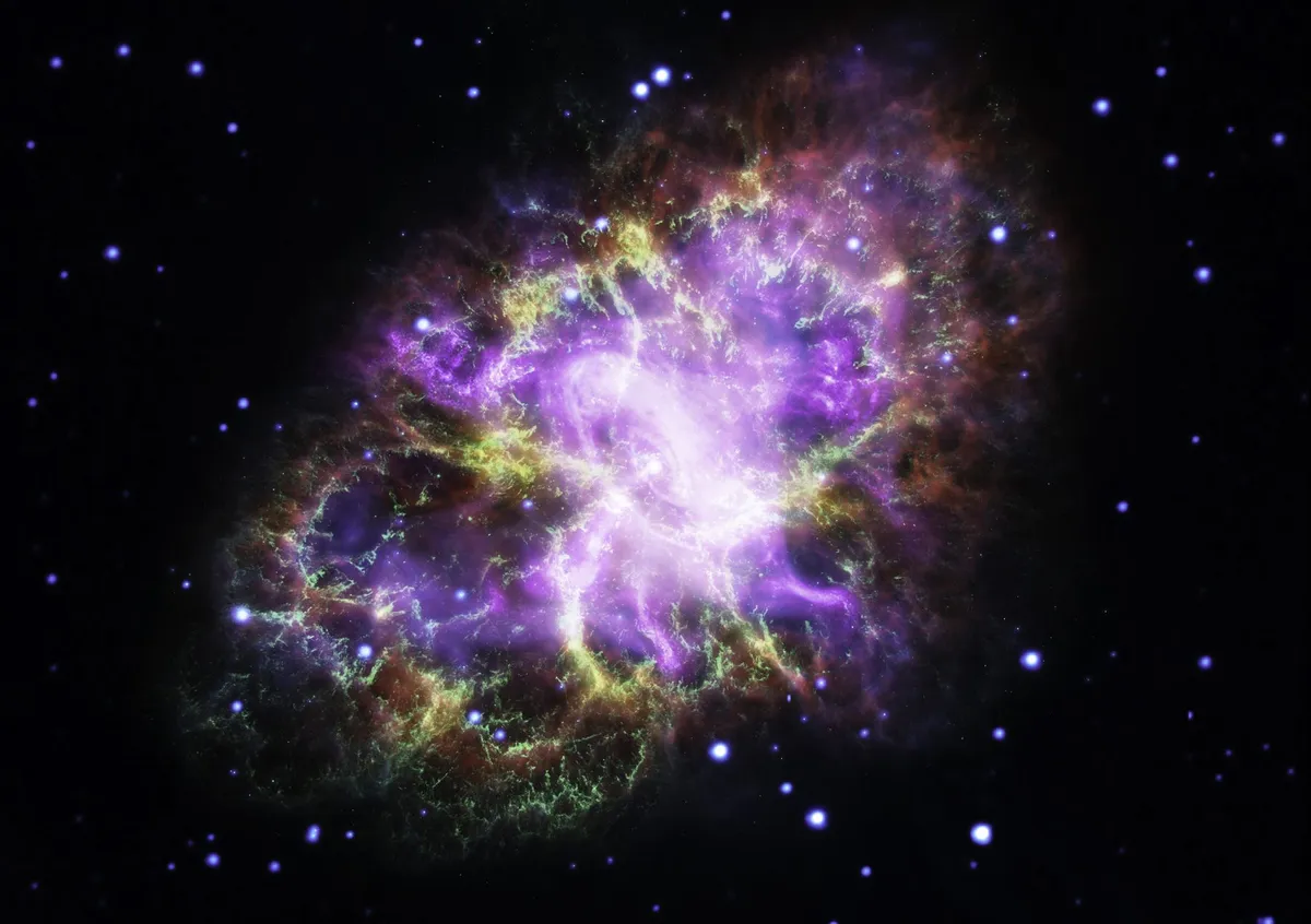 The Crab Nebula This is a gaseous supernova remnant with a neutron star at its heart. Spitzer worked with Hubble and Chandra to observe this object. Credit: Credits: NASA, ESA, NRAO/AUI/NSF and G. Dubner (University of Buenos Aires)