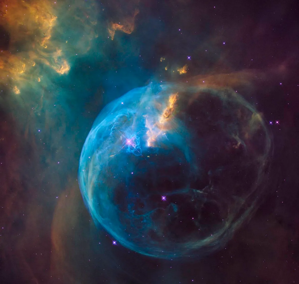 Bubble Nebula 21 April 2016. An expanding shell of gas 10 lightyears across and expanding at the rate of 100,000km an hour. Credit: NASA, ESA, Hubble Heritage Team