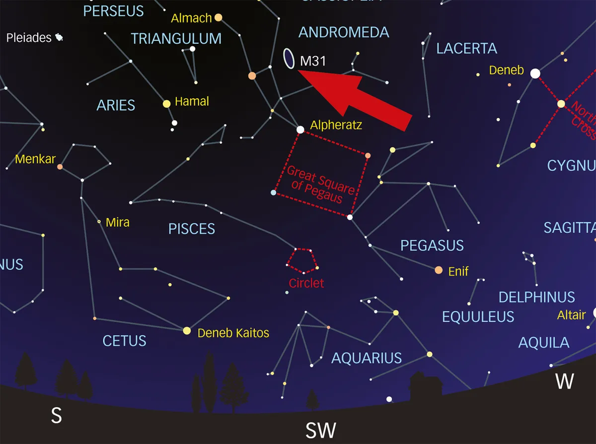 Locate the Andromeda Galaxy and see it through a telescope