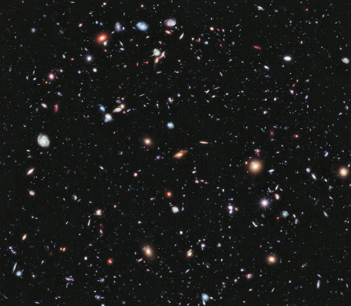 The Hubble eXtreme Deep Field (XDF) was created by using 10 years of Hubble Space Telescope images and reveals galaxies spanning 13.2 billion years in time: about 0.6 years after the birth of the Universe. The deep field captures such distant light, most of the galaxies are seen as they existed in their infancy. Credit: NASA,ESA, G. Illingworth, D. Magee, and P. Oesch (University of California, Santa Cruz), R. Bouwens (Leiden University), and the HUDF09 Team