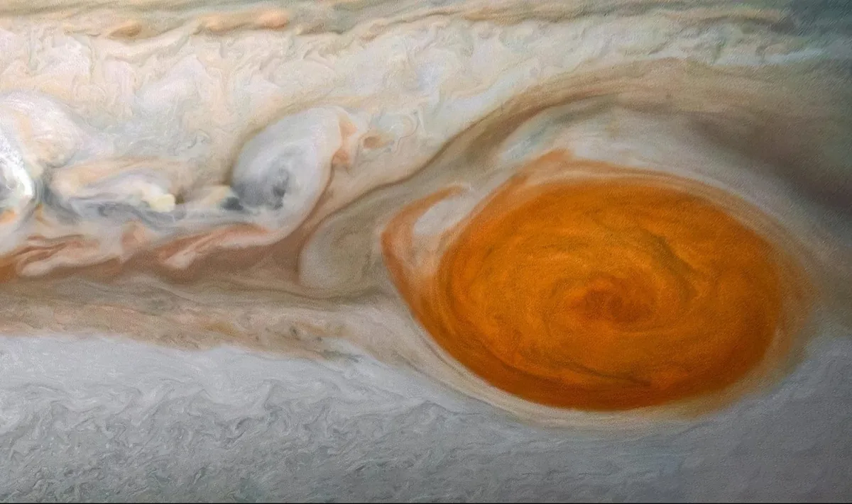 A view of Jupiter's Great Red Spot captured by the Juno spacecraft and processed by citizen scientist Kevin M Gill. Image data: NASA/JPL-Caltech/SwRI/MSSS Image processing by Kevin M. Gill, © CC BY