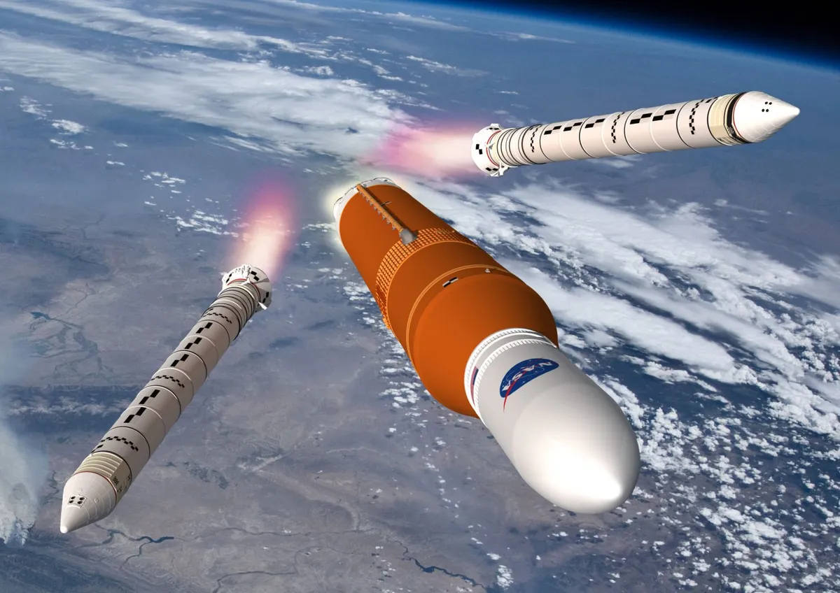 An artist's impression showing NASA's Space Launch System leaving Earth. Will it be ready in time? Credit: NASA