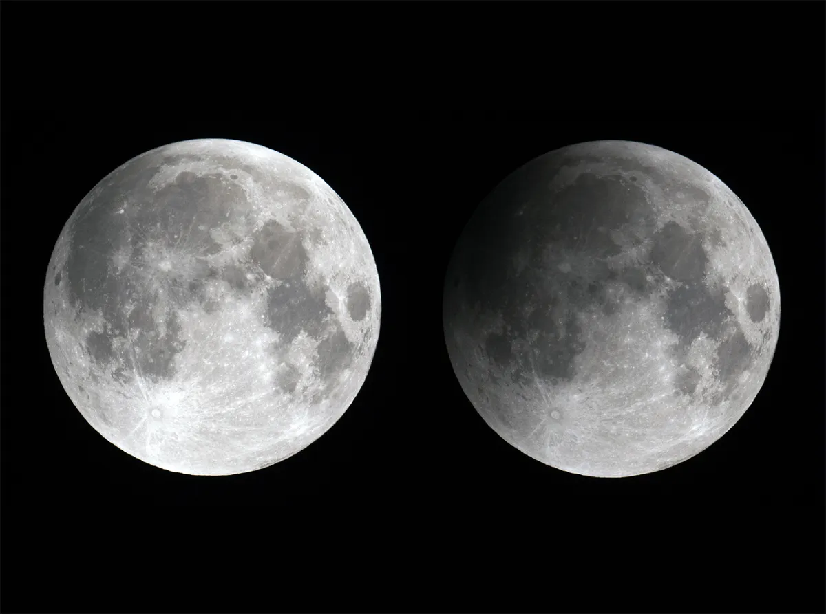 A penumbrally eclipsed Moon (right) versus a regular full Moon (left); the shading is subtle. Credit: Pete Lawrence