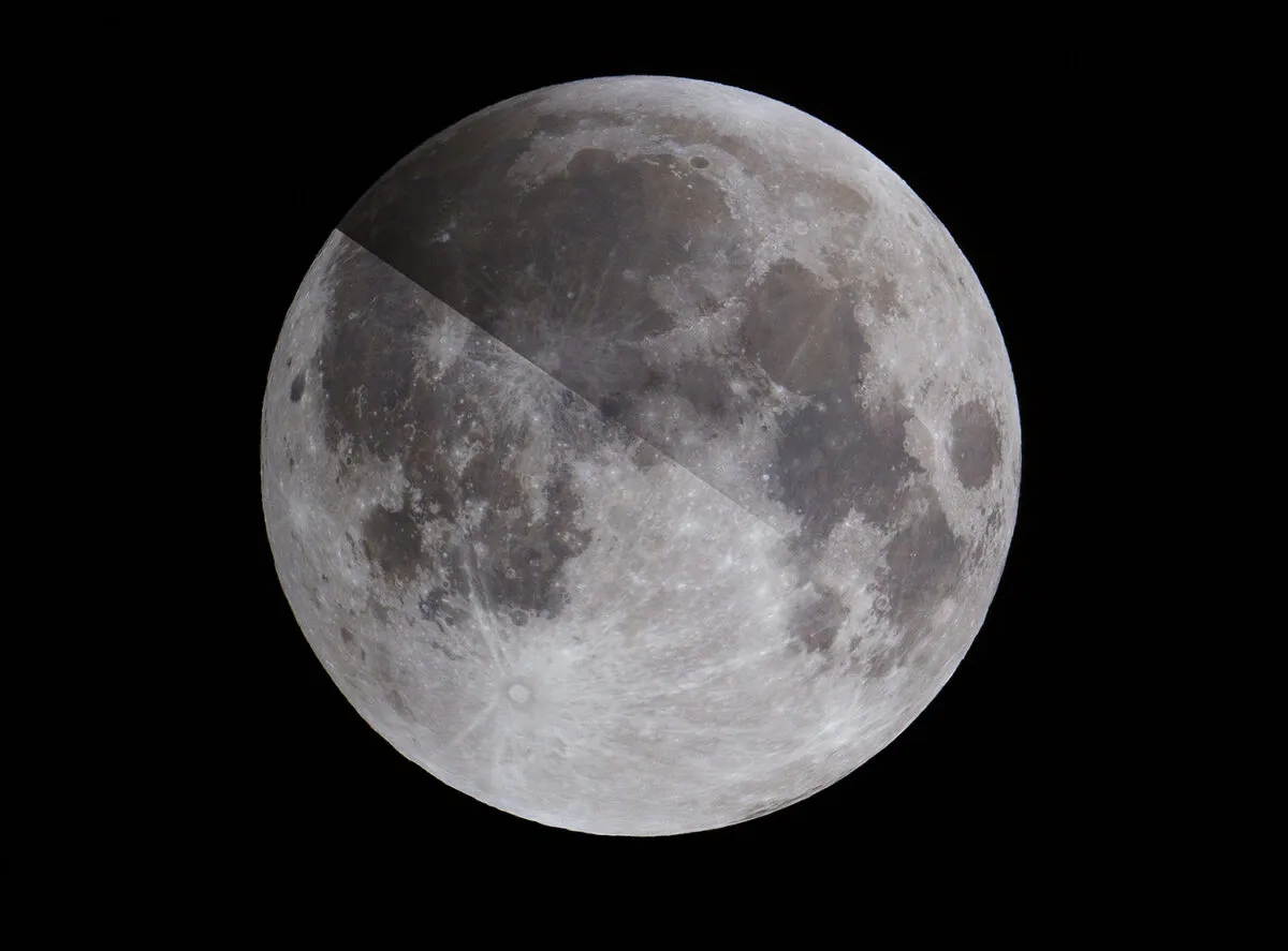 A layered image of a penumbral lunar eclipse can emphasise the darkening of the penumbra shadow. Credit: Pete Lawrence
