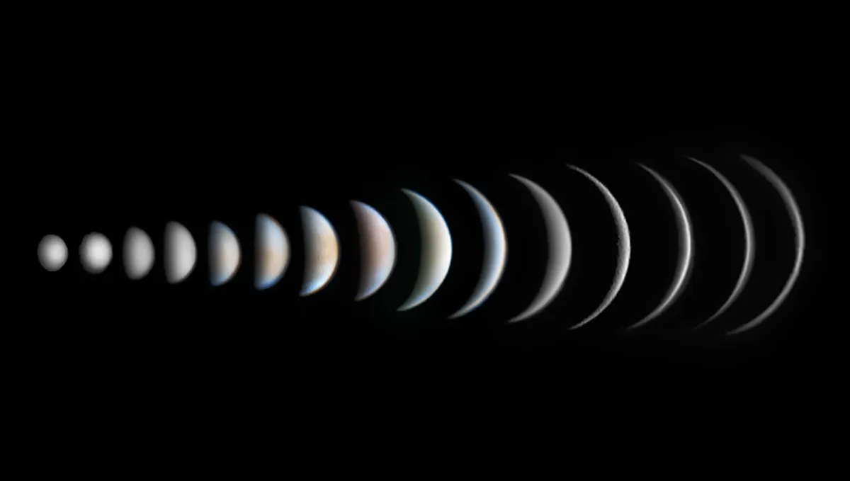 An image showing the phases of Venus, captured by Roger Hutchinson, London, UK, 25 March 2017. This image won the Planets, Comets & Asteroids category of the 2017 Astronomy Photographer of the Year competition. Equipment: ZWO ASI174MM camera, Celestron C11 EdgeHD Schmidt-Cassegrain, Celestron CGE Pro mount.