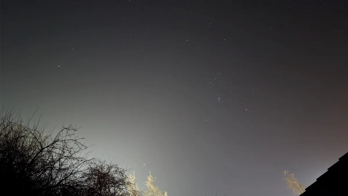 Orion with Sirius and Procyon through light pollution. Exposure: 10.5