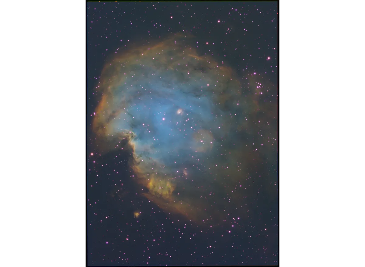 The final processed image of the Monkey Head Nebula in Orion reveals its rich Hubble Palette colours. Credit: Sara Wager