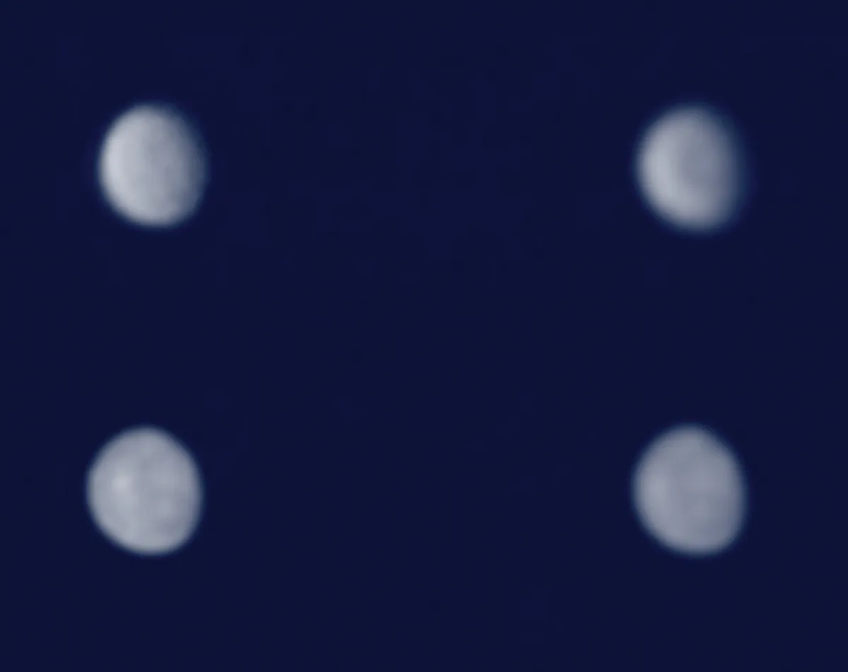 Two daytime captures of Mercury (top) compared with deliberately blurred simulated views from WinJUPOS (bottom) show some good similarities between features. Credit: Pete Lawrence