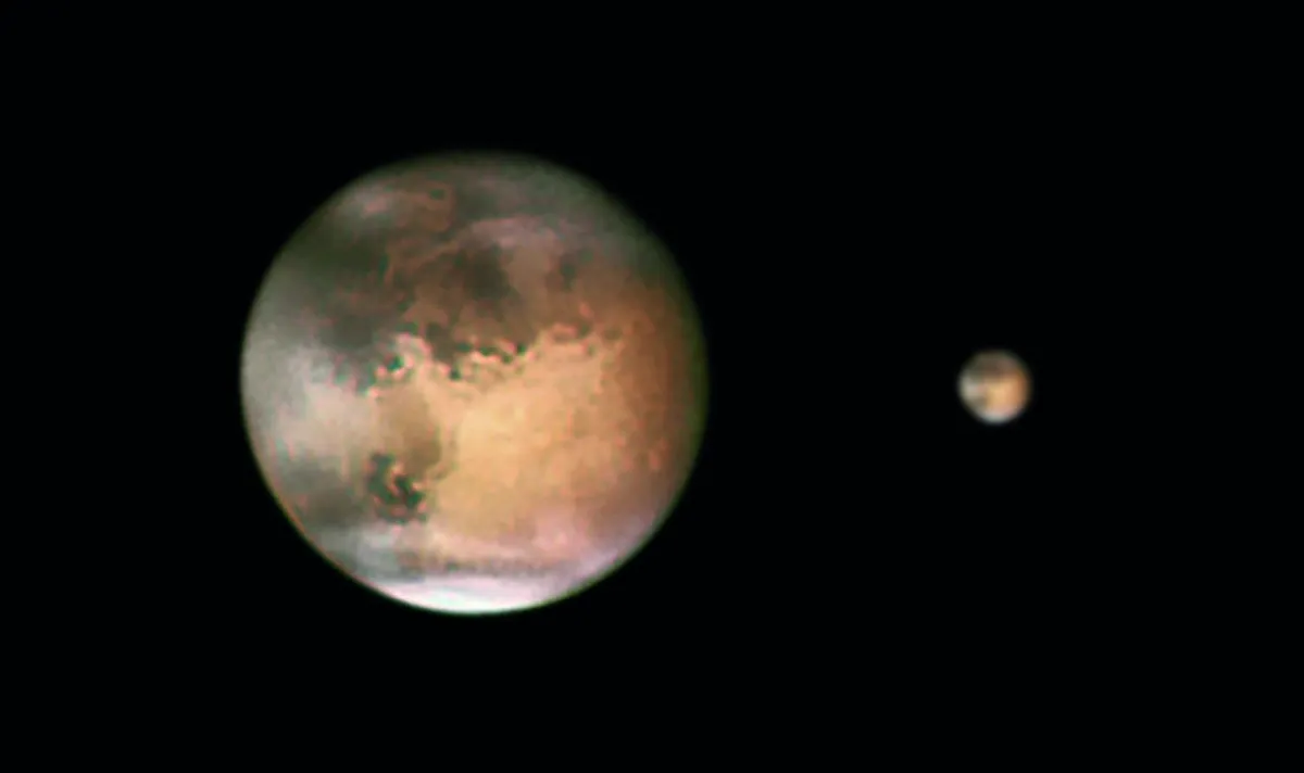 The difference in the apparent size of Mars when it’s at its most favourable opposition and when at its most distant from Earth. Credit: Pete Lawrence