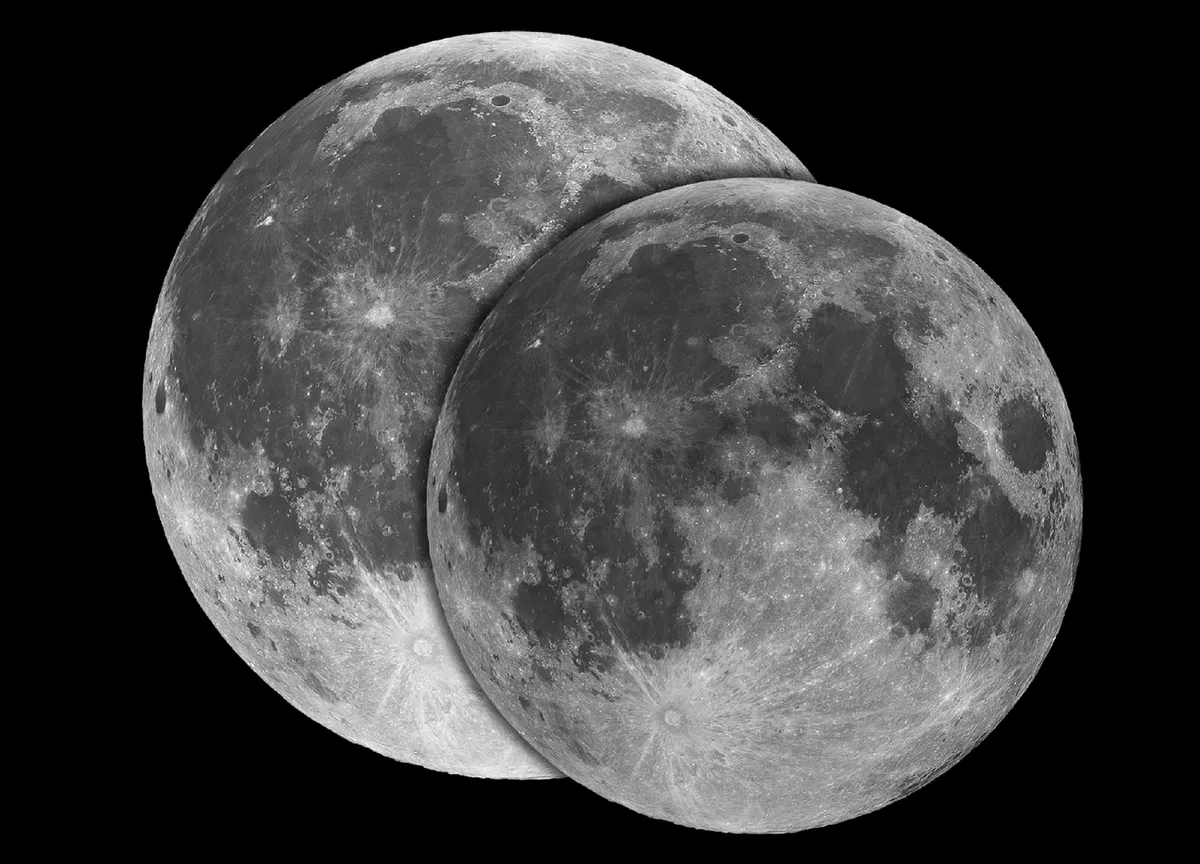 A perigee full Moon (left) appears 30% brighter and 14% larger than an apogee full Moon (right). Credit: Pete Lawrence