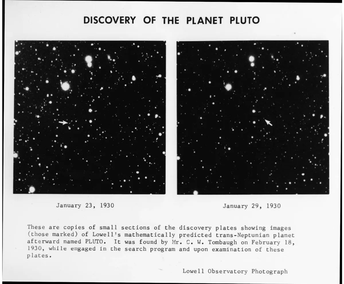 Copies of the glass plates used to discover Pluto. Arrows show Pluto's movement across the sky over time. Credit: Lowell Observatory Archives