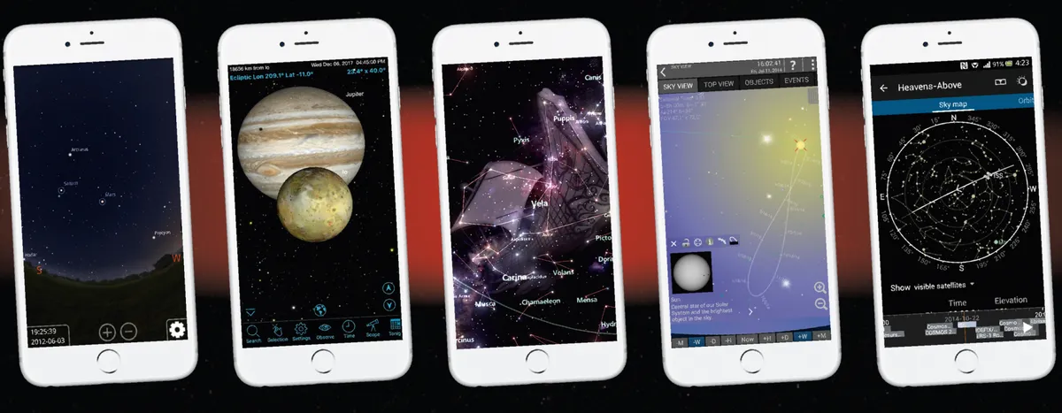Smartphone stargazing apps. Left to right: Stellarium; SkySafari; Star Tracker; Mobile Observatory; Heavens-Above